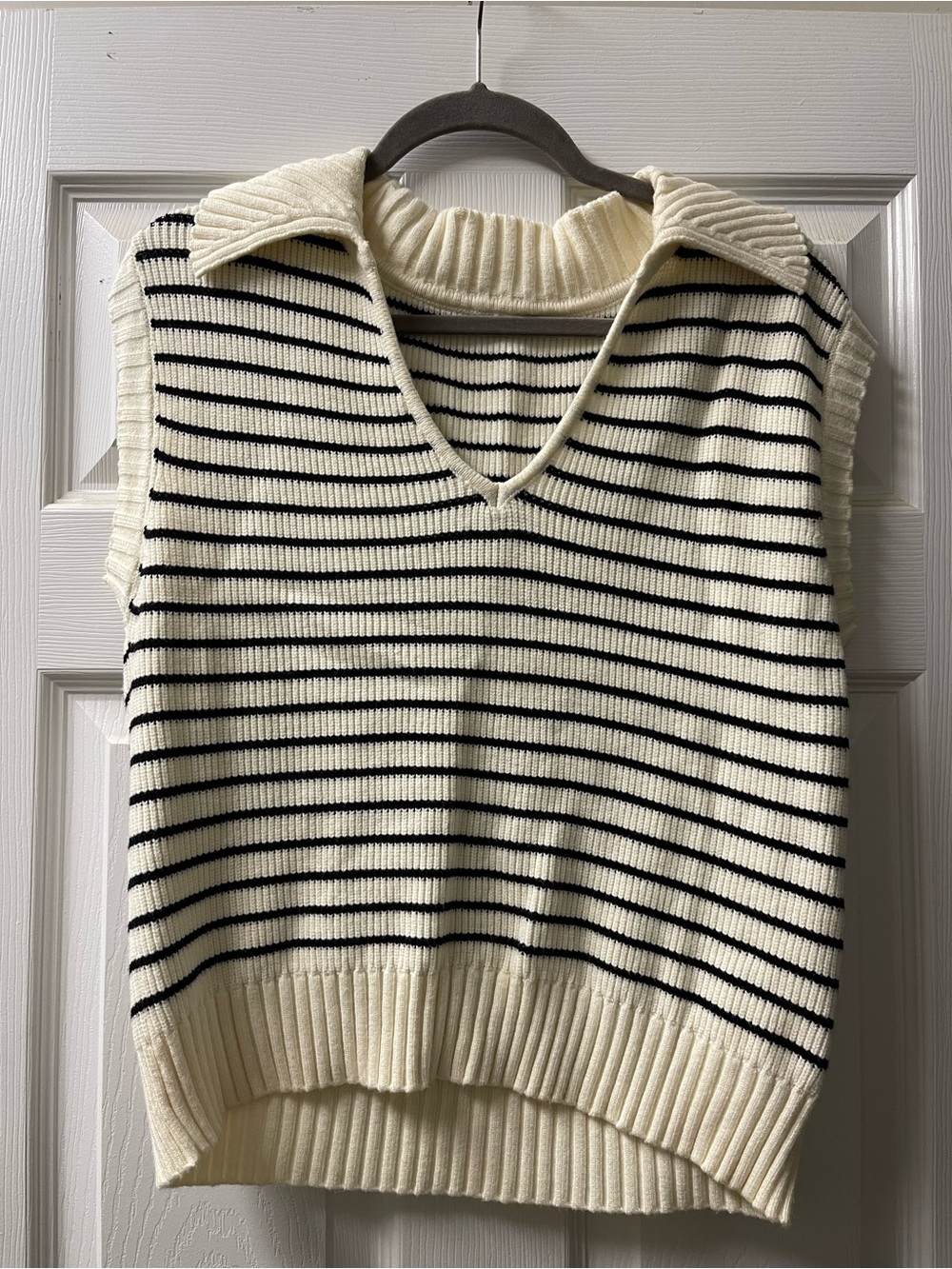 Cream & Black Striped V-Neck Sweater Vest